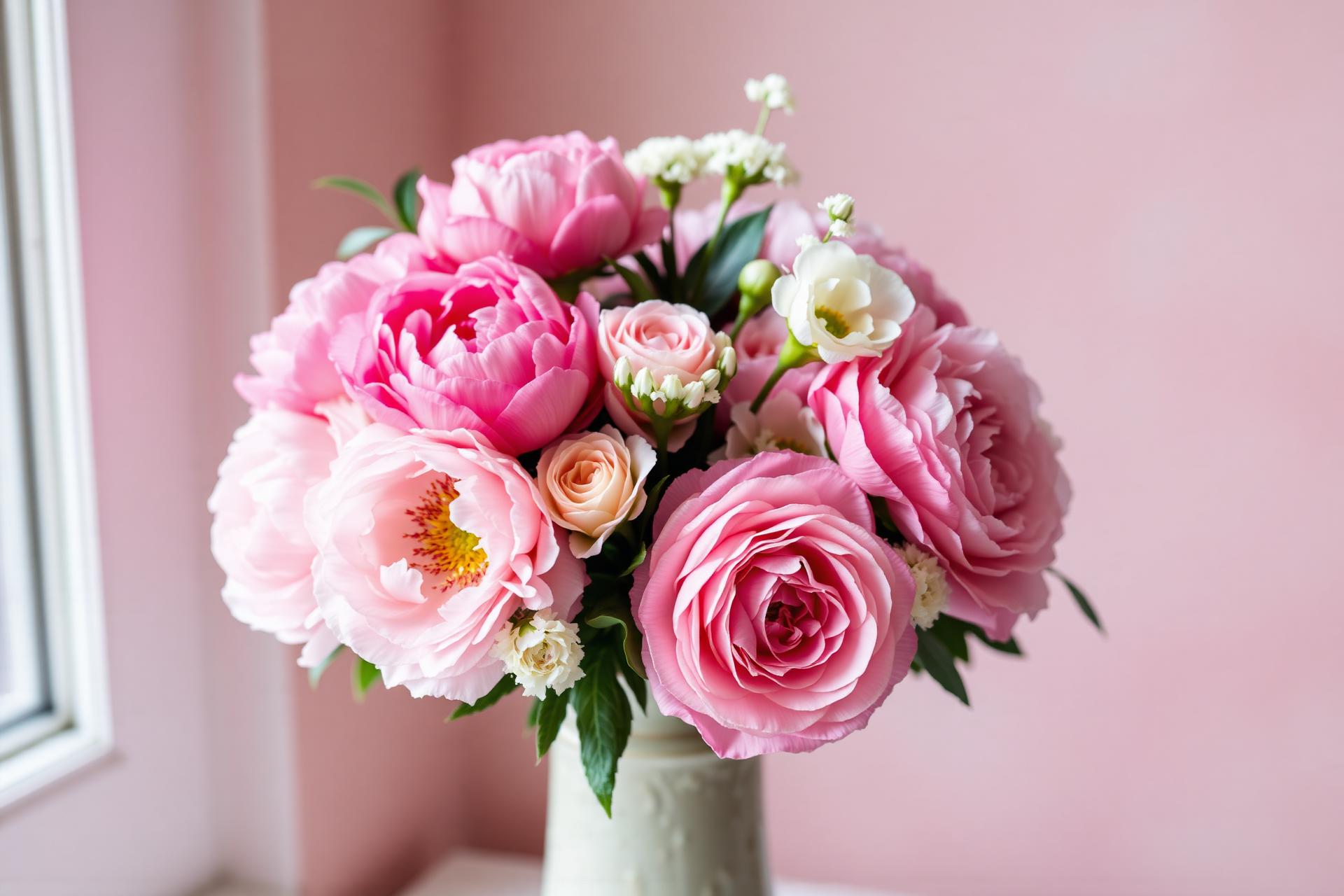 Pink peonies and roses arrangement in a ceramic vase